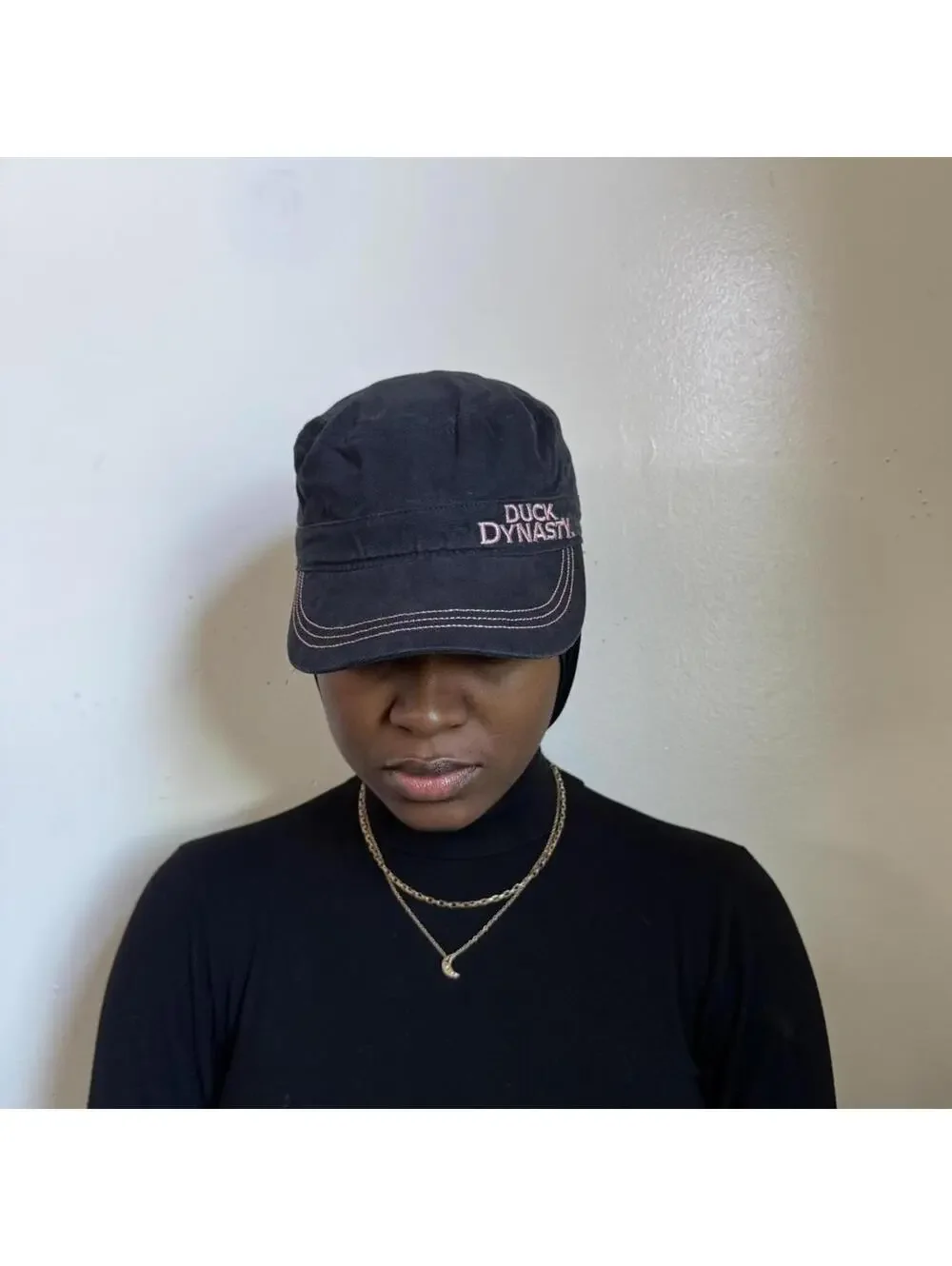 Y2K Duck Dynasty Cadet Cap - Black & Pink Embroidery Contrast Stitch‎